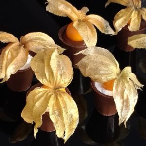 Copinho de chocolate recheado com physalis para casamento